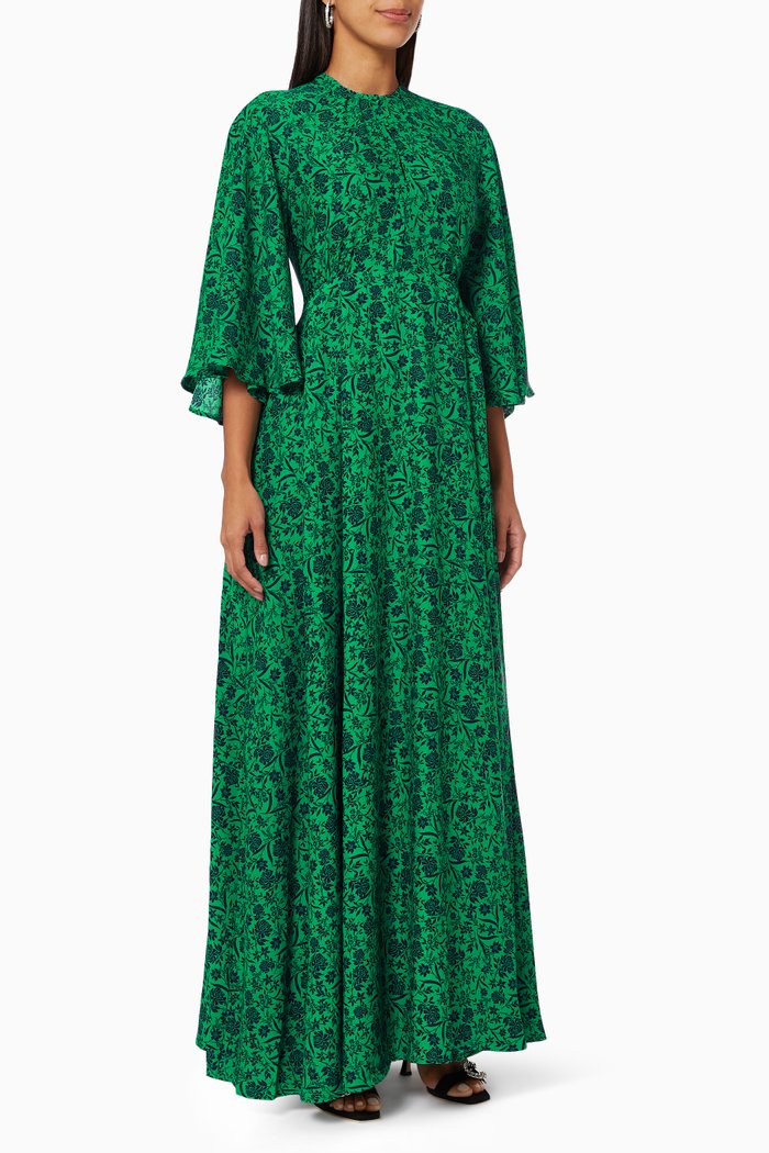 

Pleated Dress in Floral Crepe, Green