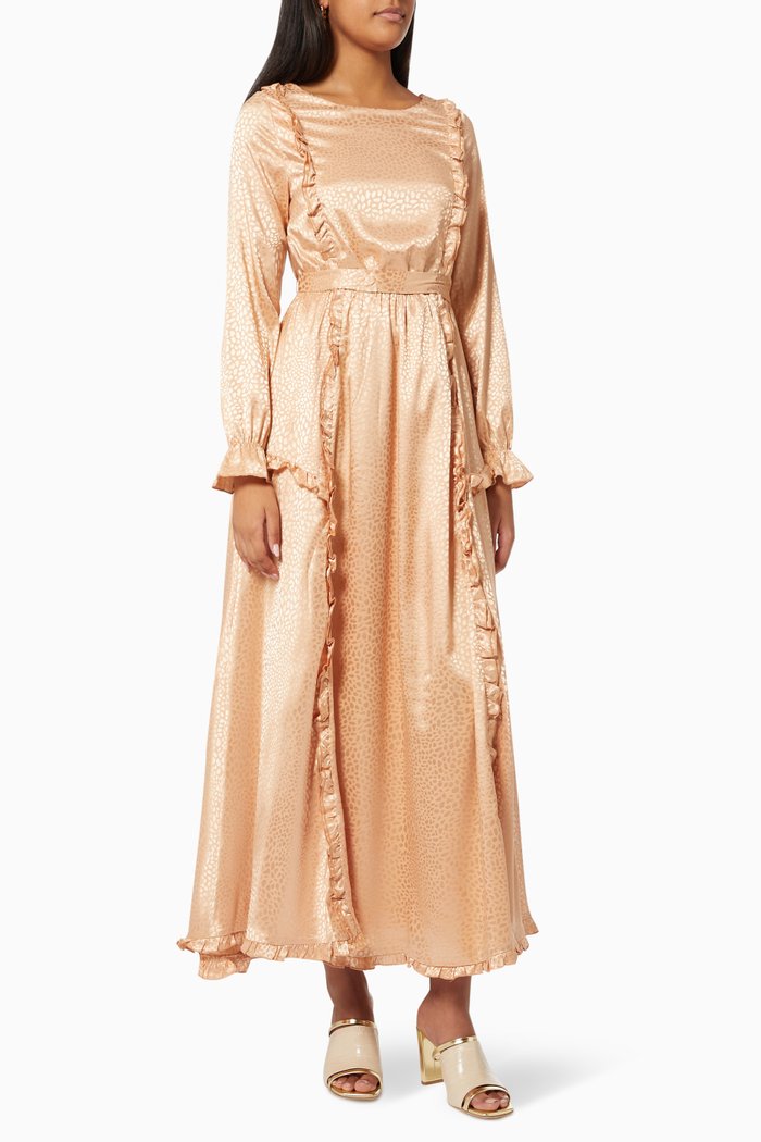 

Violet Ruffle Dress in Textured Satin, Gold