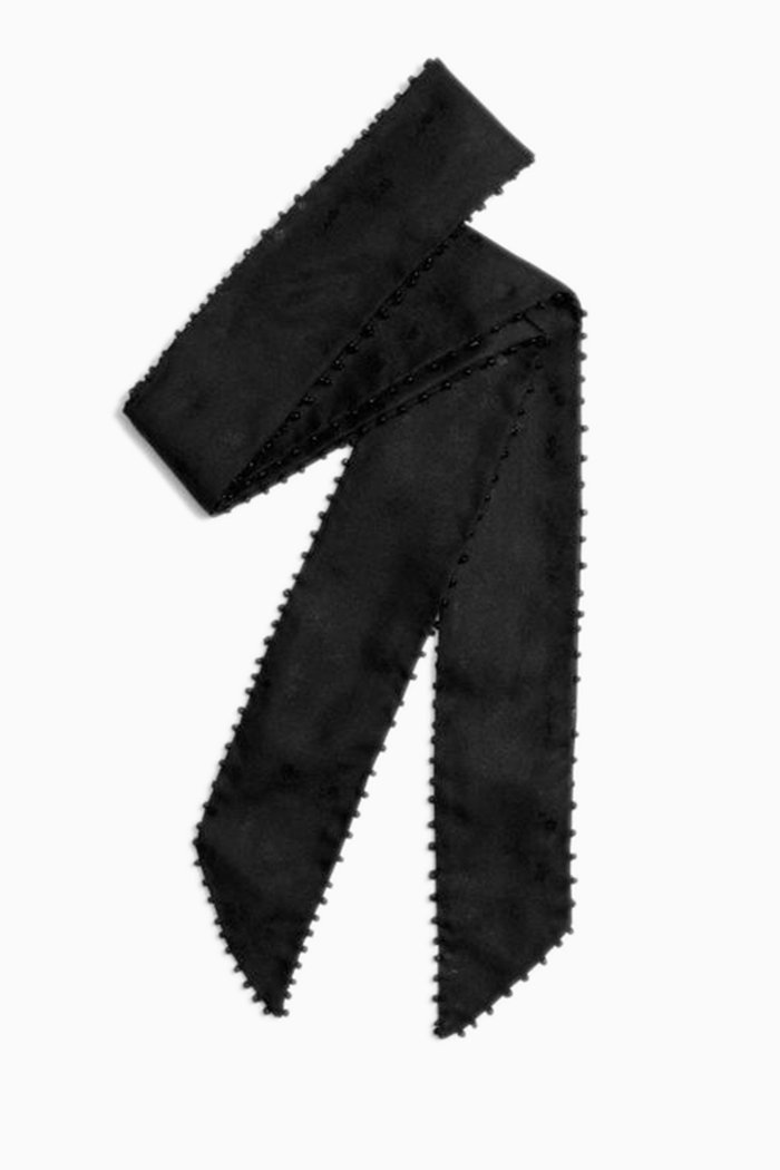 

Beaded Ditsy Dot Print Skinny Scarf in Silk, Black