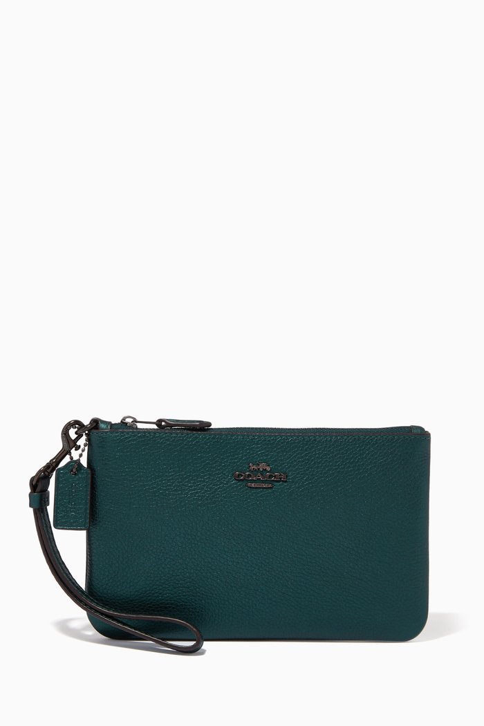 

Small Wristlet in Metallic Pebble Leather, Green