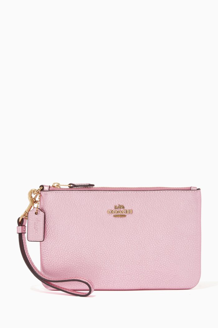 Small Wristlet in Metallic Pebble Leather, Pink