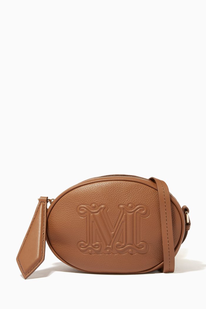 

Oval Cross-body Bag in Leather, Brown