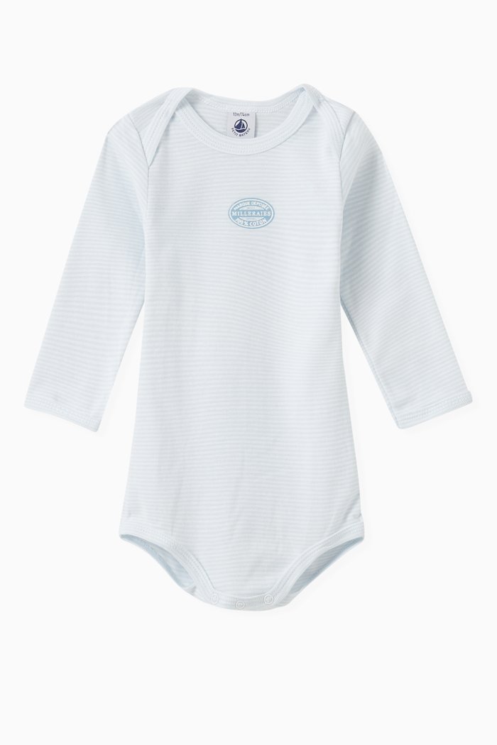 

Long Sleeve Bodysuit in Cotton Rib Knit, Set of 3, Blue