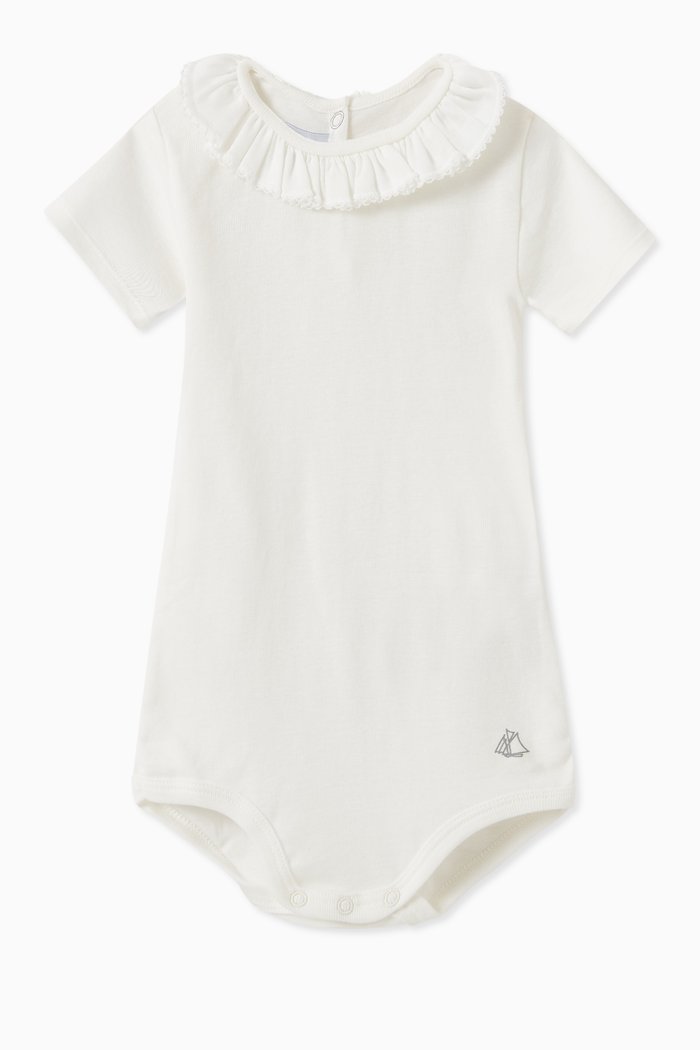 

Ruffle Bodysuit in Cotton Rib Knit, White