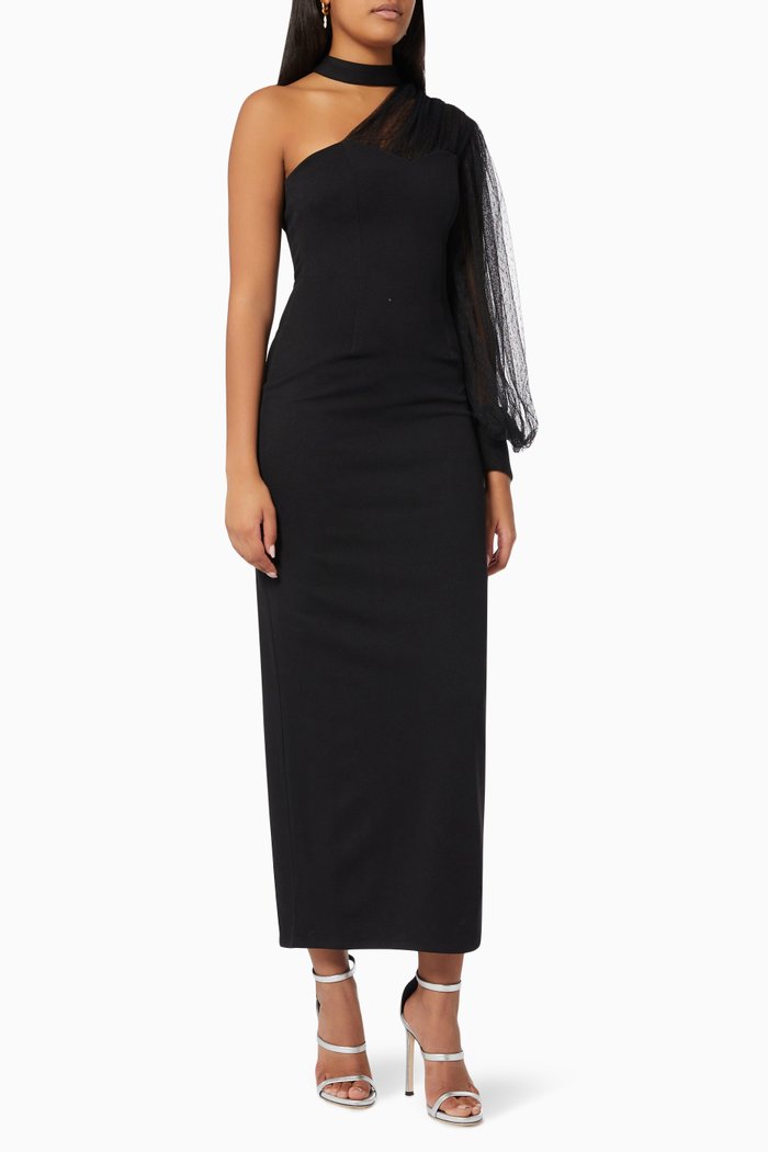 

One Shoulder Mesh Sleeve Dress, Black