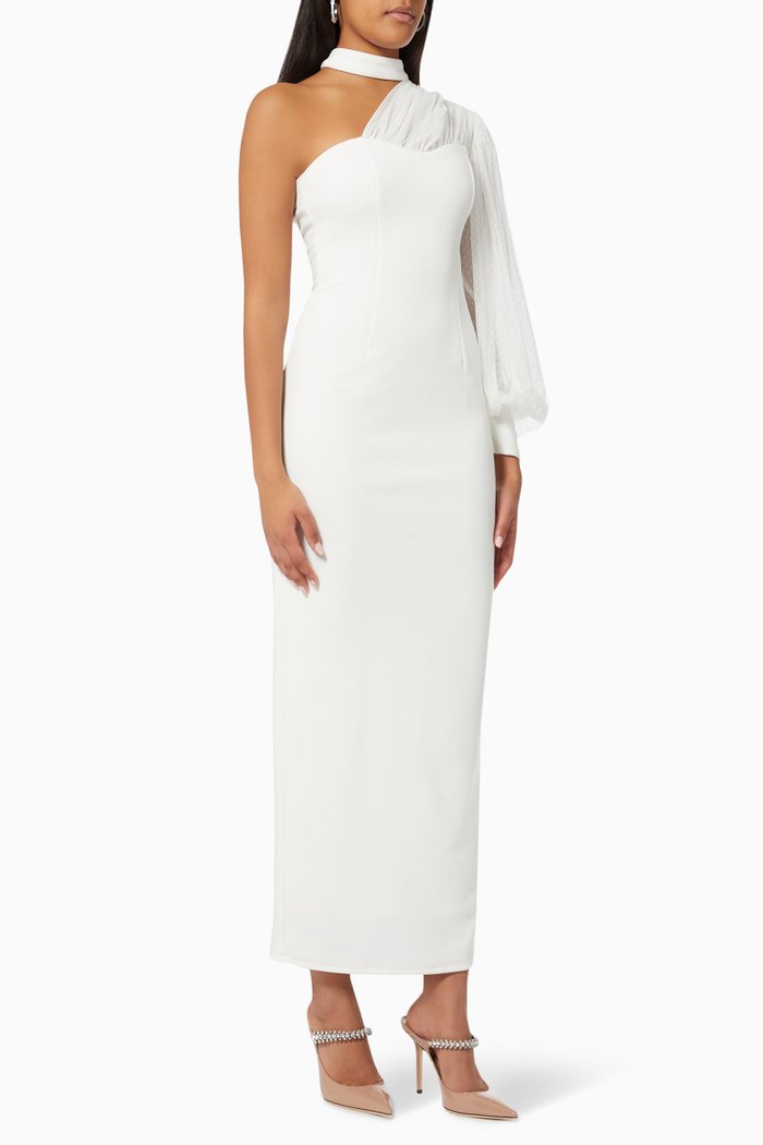 

One Shoulder Mesh Sleeve Dress, Neutral