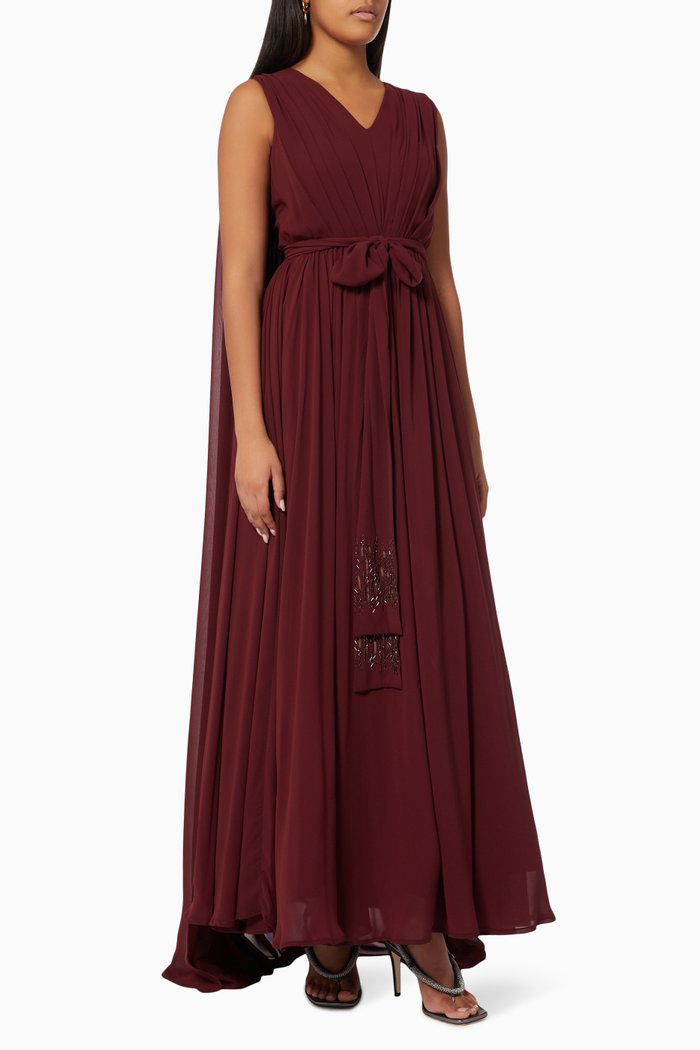 Pleated Cape Dress, Burgundy