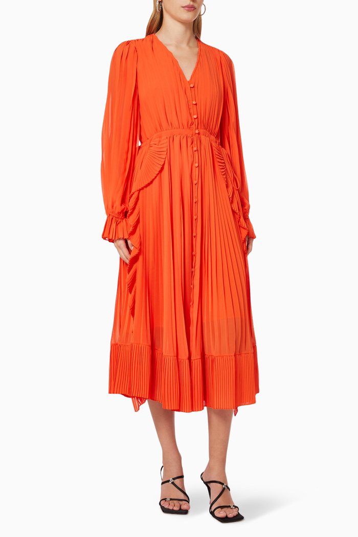 

Pleated Button Dress, Red