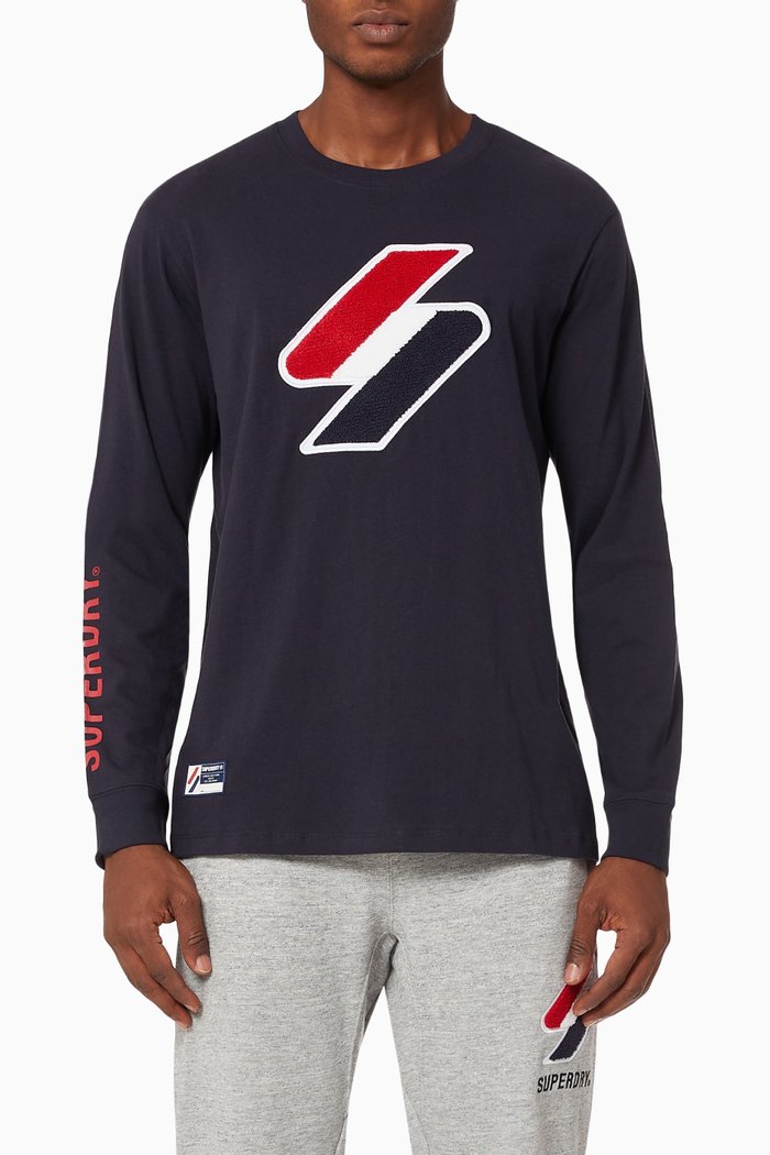Code Logo Chenille Long Sleeved T-shirt in Cotton Jersey, Blue