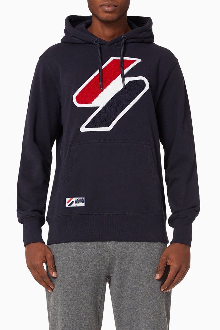 Code Logo Chenille Hoodie in Cotton Terry, Blue