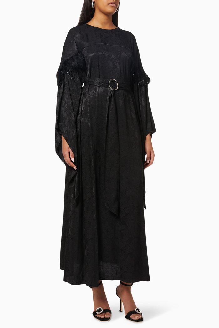 

Feather Trim Belted Dress, Black