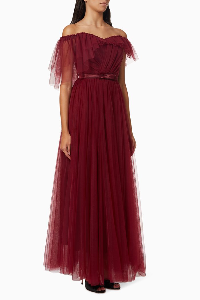 

Off Shoulder Dress in Tulle, Burgundy