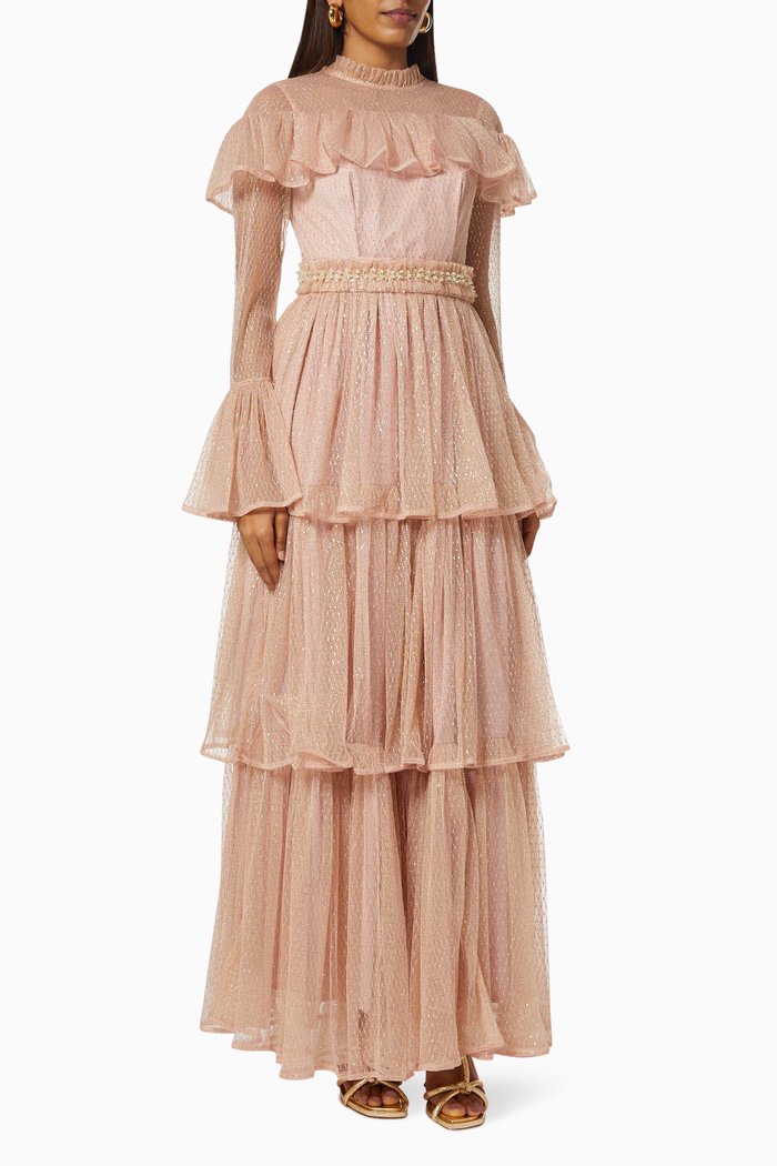 Ruffle Tiered Dress in Metallic Mesh, Gold