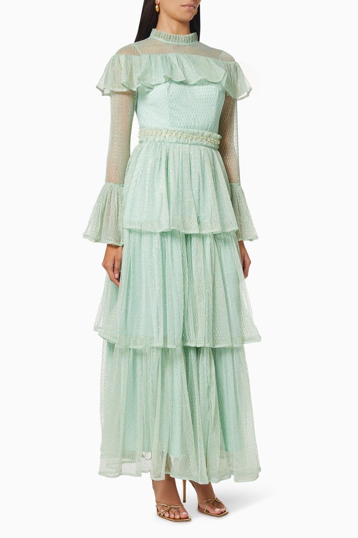 

Ruffle Tiered Dress in Metallic Mesh, Green
