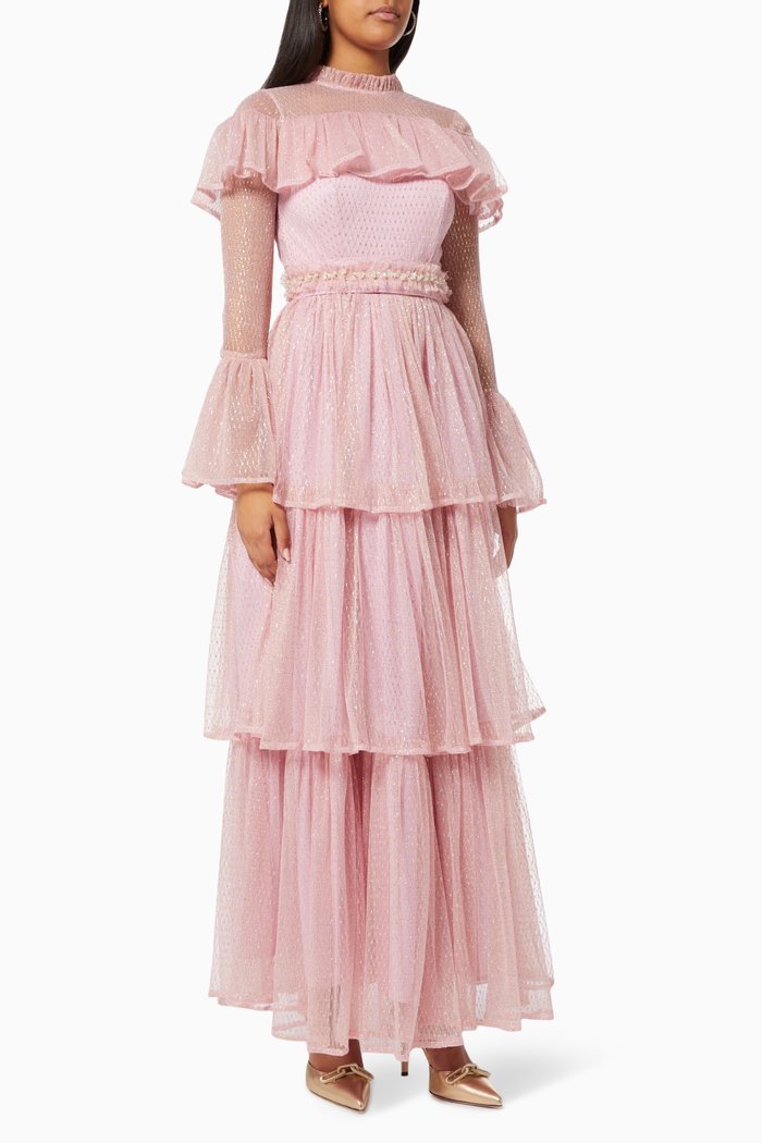 

Ruffle Tiered Dress in Metallic Mesh, Pink