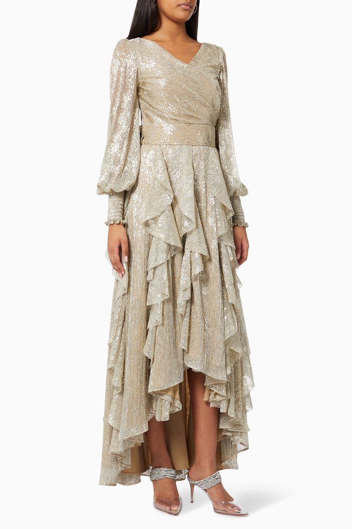

Glitter Tiered Dress in Mesh, Gold