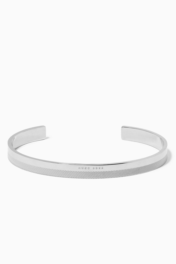 

Etched Lines and Logo Cuff Bracelet in Stainless Steel, Silver