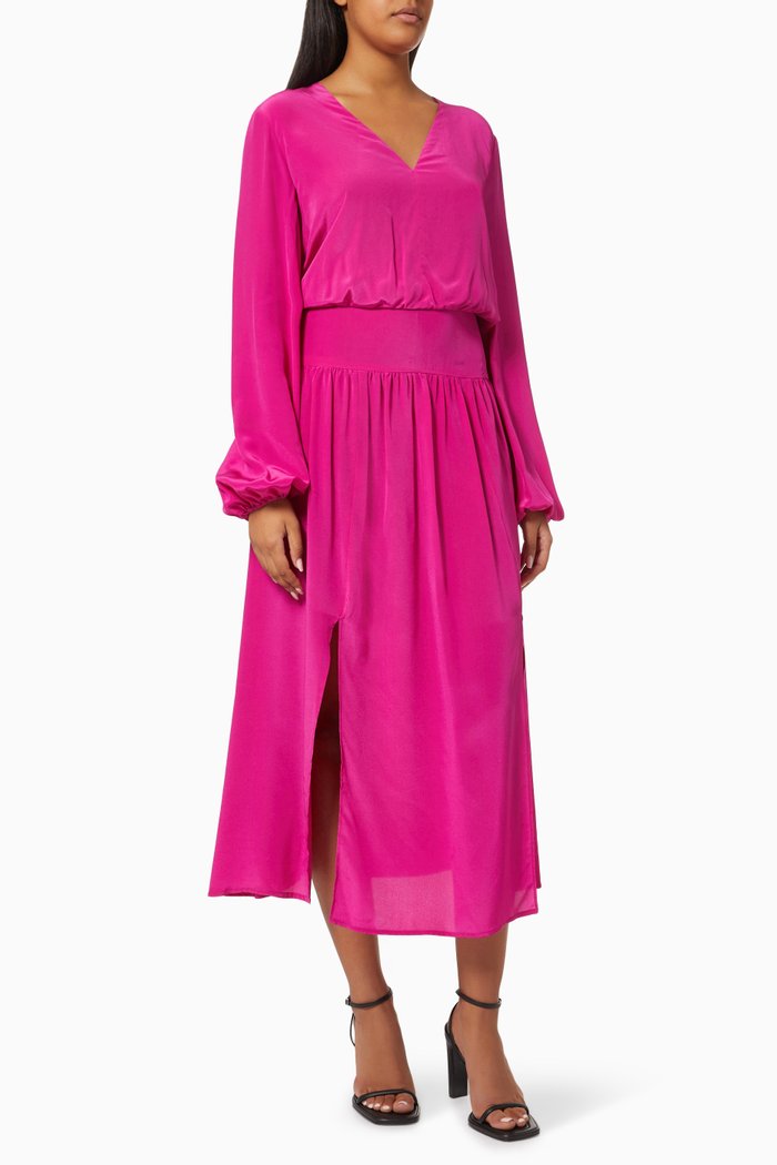 

V Neck Midi Dress in Silk, Multicolour