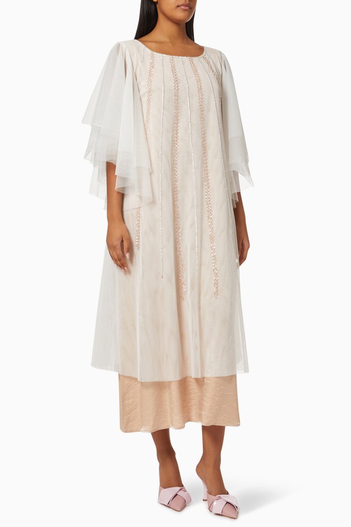 

Embroidered Net Layered Dress, White