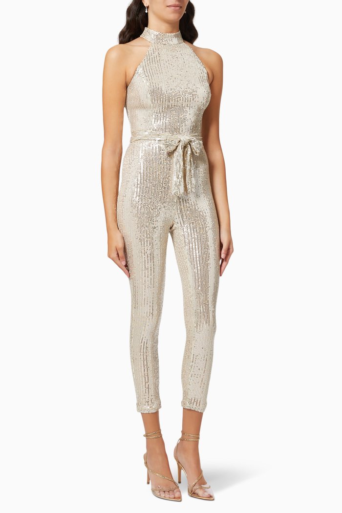 

High Neck Catsuit in Stretch Sequin, Silver