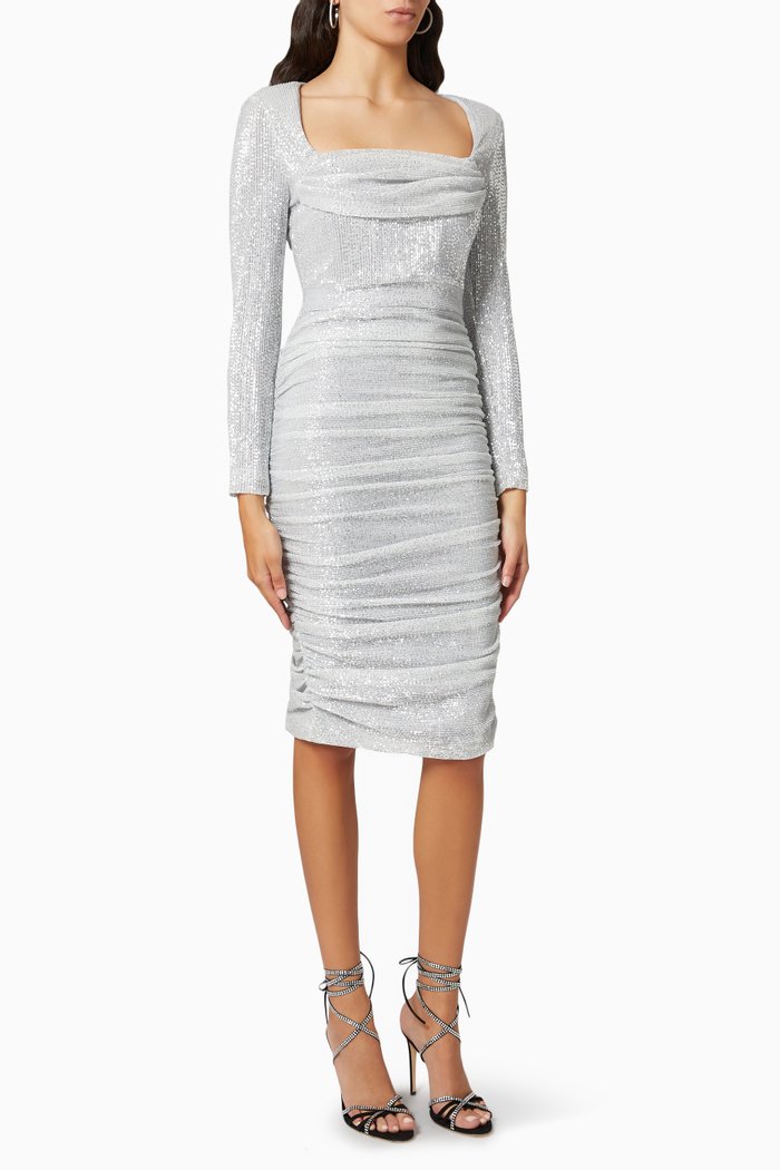 

Long Sleeve Midi Dress in Pleated Sequin, Silver