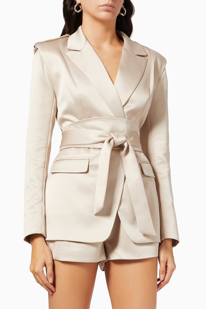 

Obi Belted Blazer in Bonded Satin, Pink