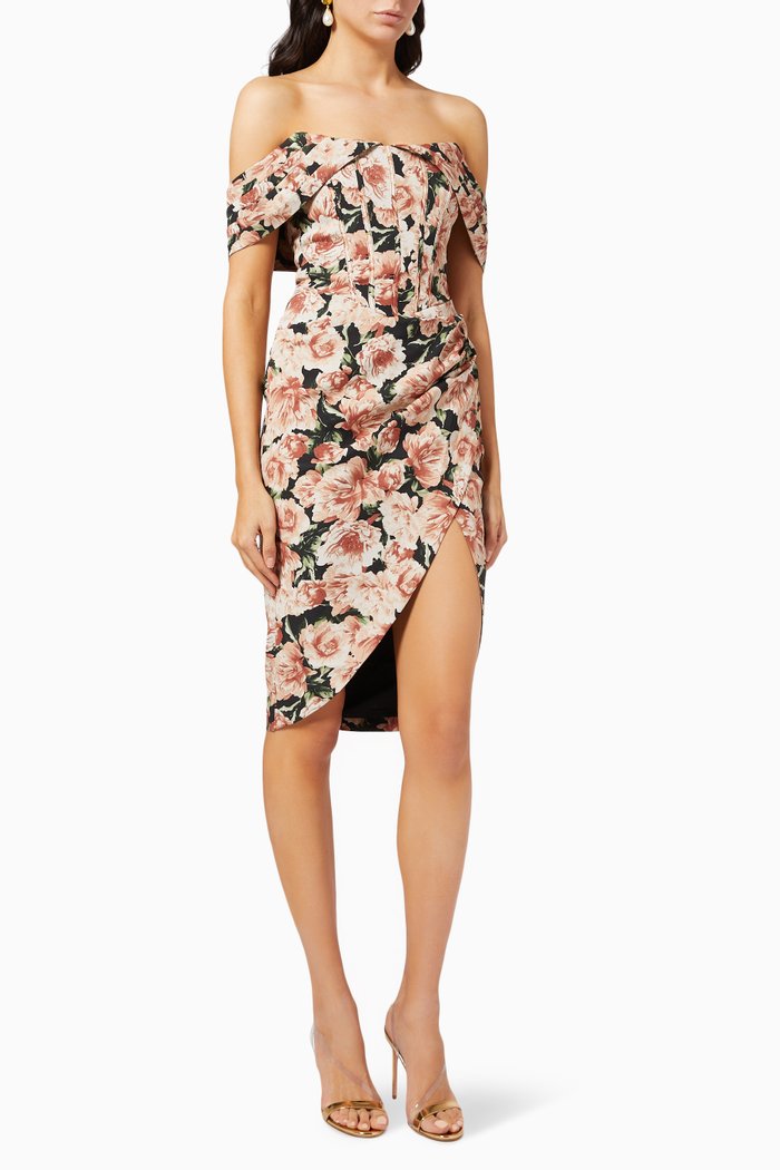 

Off-shoulder Bardot Wrap Midi Dress in Crepe, Multicolour