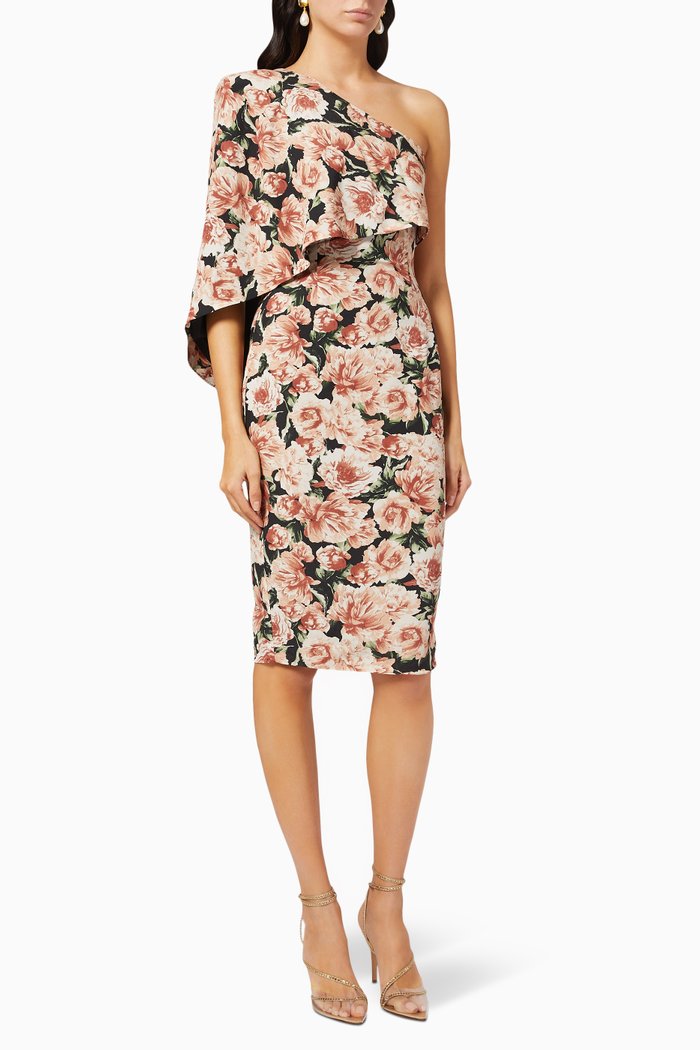 

One Shoulder Cape Midi Dress in Crepe, Multicolour