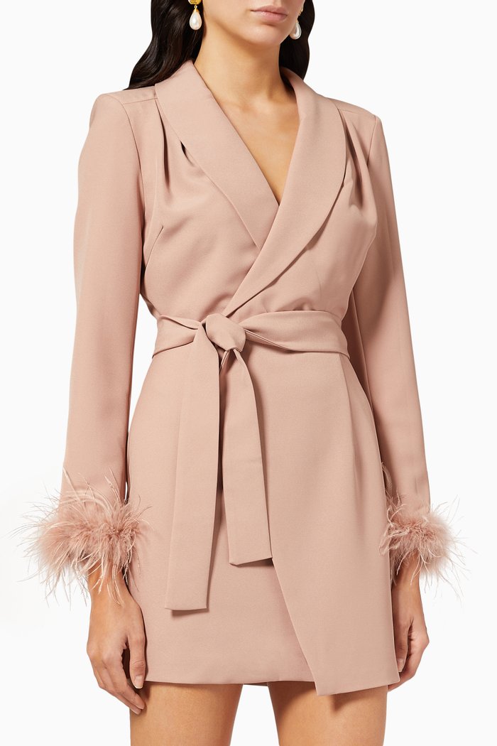 

Feathered Cuff Wrap Blazer Mini Dress in Crepe, Pink