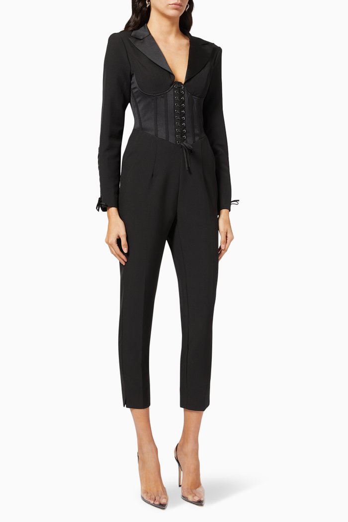 

Lace-up Corset Blazer Jumpsuit in Scuba Crepe, Black