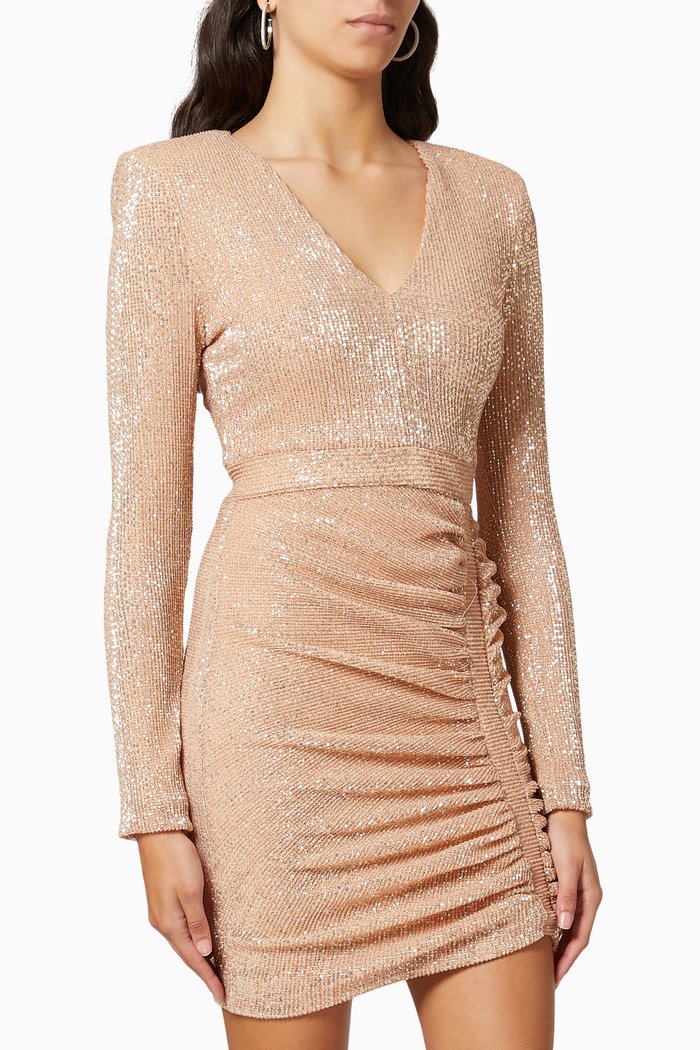 

Ruched Mini Dress in Pleated Micro Sequin, Rose gold