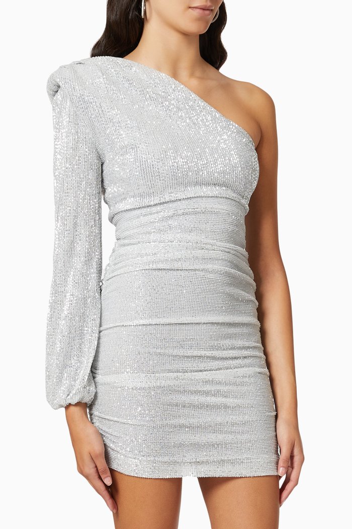 

Asymmetric Balloon Sleeve Mini Dress in Pleated Sequin, Silver