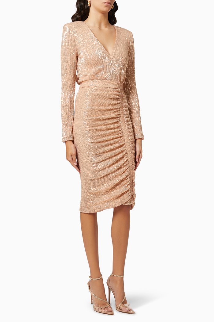 

Ruched Midi Dress in Pleated Micro Sequin, Rose gold