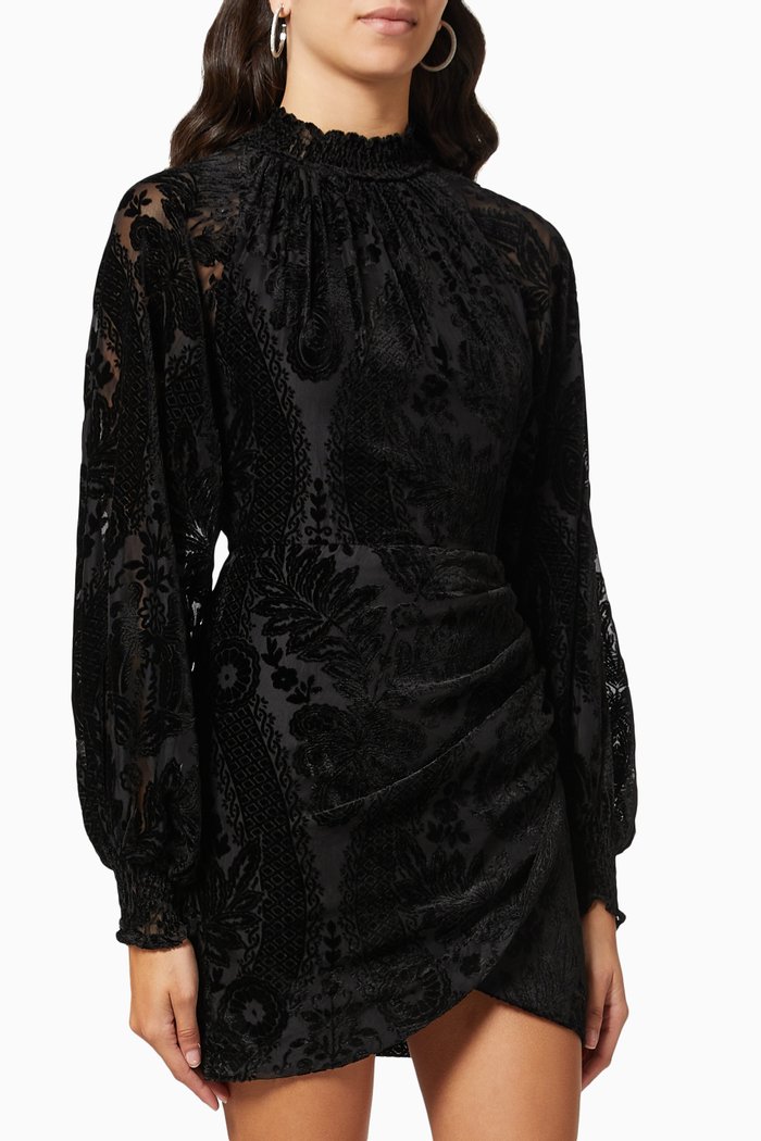 

Balloon Sleeve Mini Dress in Velvet Devore, Black