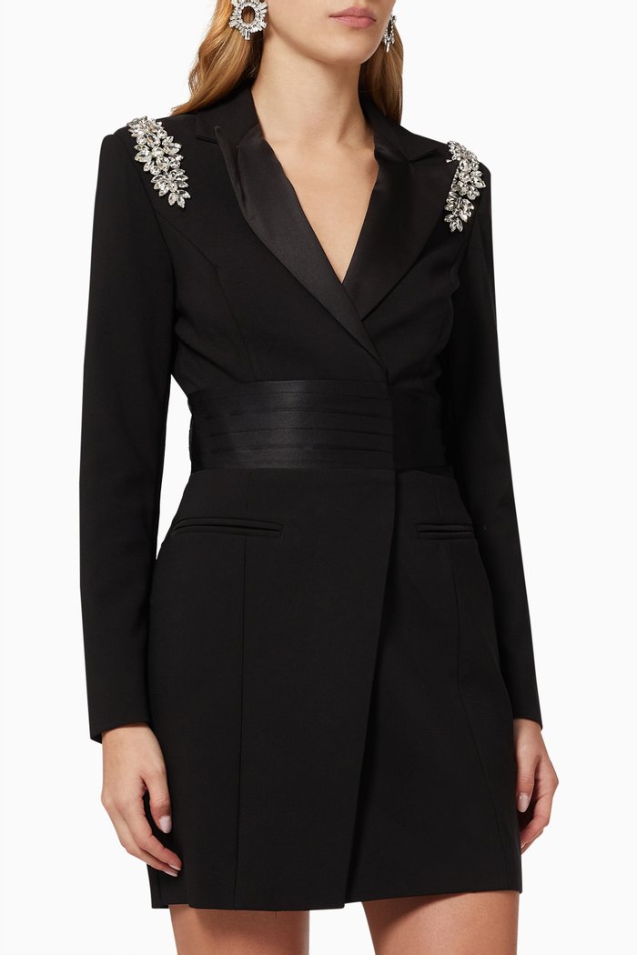 

Diamante Shoulder Trim Wrap Blazer Dress, Black