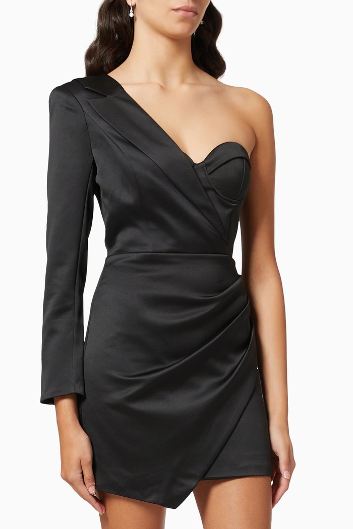 

One Shoulder Blazer Mini Dress in Bonded Satin, Black
