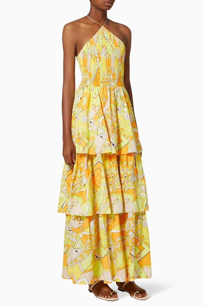 

Halterneck Layered Maxi Dress in Cotton, Multicolour