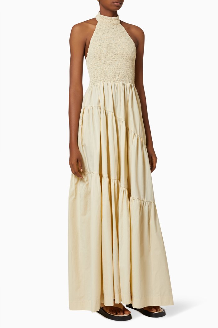 

Shirred Halterneck Maxi Dress in Cotton, Neutral