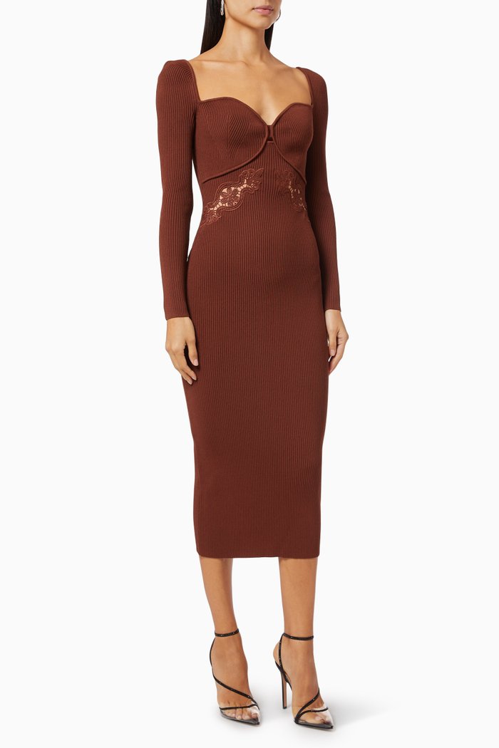 

Lace Appliqué Dress in Knit, Brown