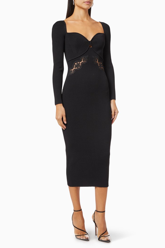 

Lace Appliqué Dress in Knit, Black