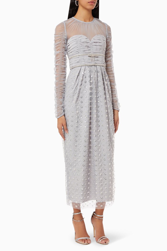 

Cluster Sequin Midi Dress in Mesh, Grey