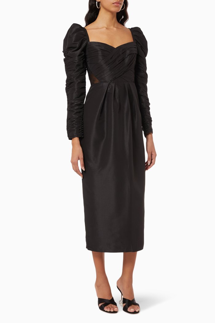 

Puff Sleeve Dress in Taffeta, Black