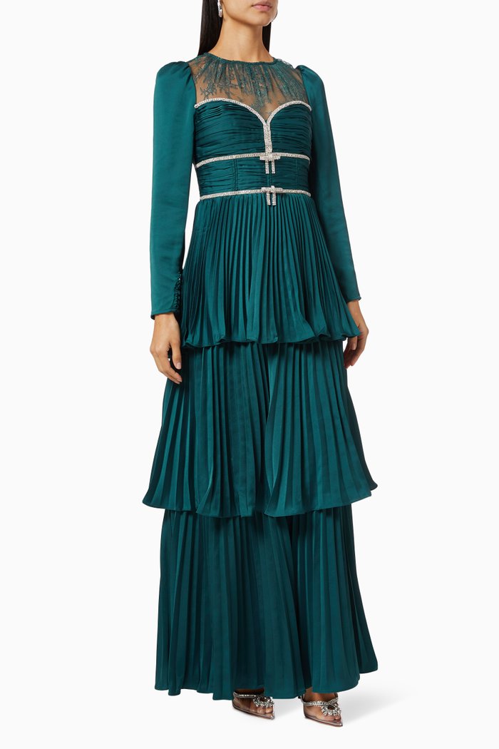 Plisse Tiered Maxi Dress in Satin, Green