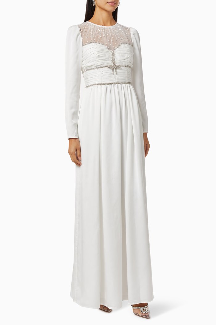 

Ruched Maxi Dress in Mesh, White
