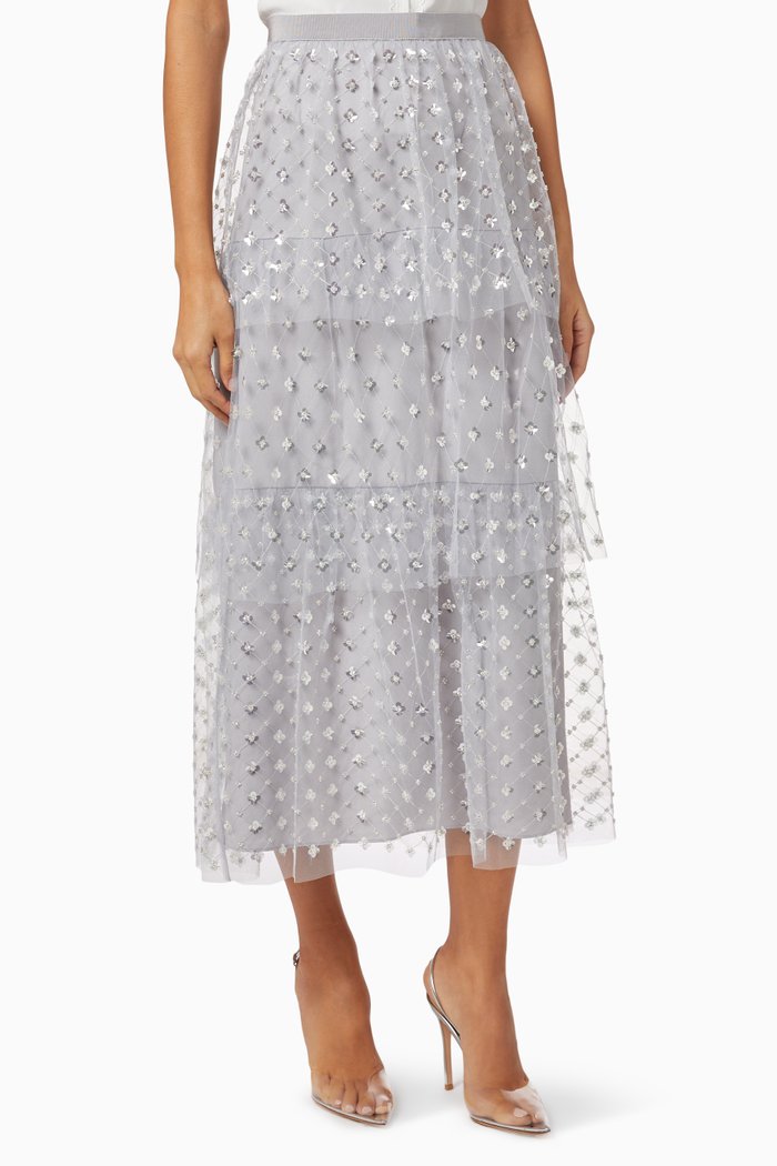 

Cluster Sequin Midi Skirt in Mesh, Grey
