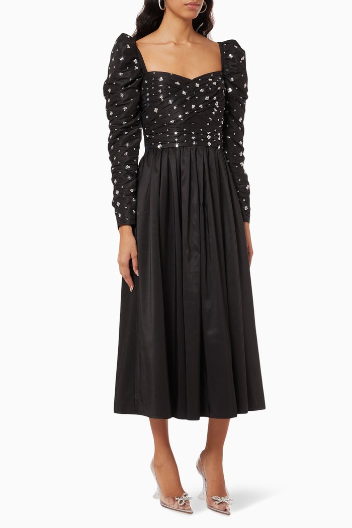 

Puff Sleeve Midi Dress in Taffeta, Black