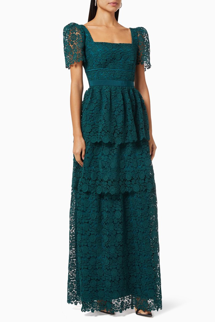 Tiered Maxi Dress in Guipure Lace, Green