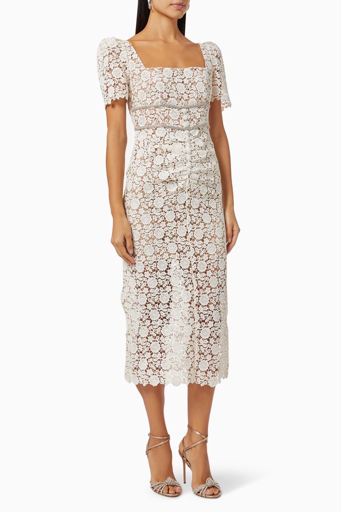 Ruched Embellished Dress in Guipure Lace, Neutral