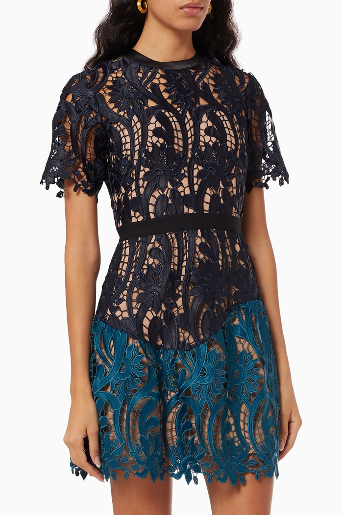 Prairie Mini Dress in Guipure Lace, Blue