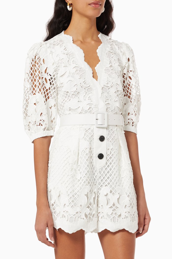 

Belted Jumpsuit in Lattice Cotton, White